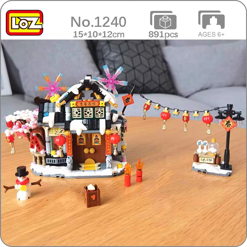 LOZ Mini Blocks 1240 Architecture Spring Festival Winter House Snowman Lantern Cat Model