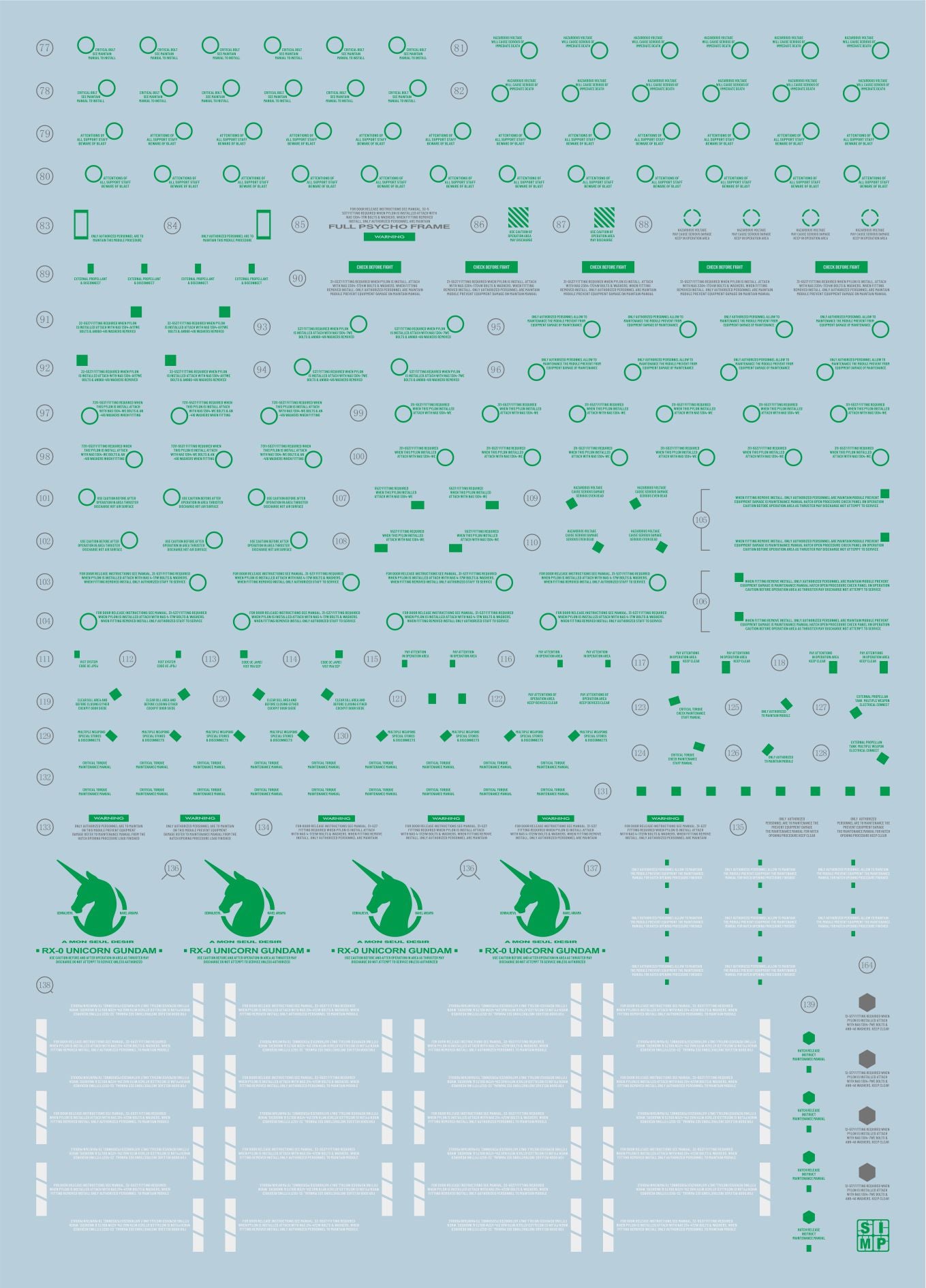 D22 PG Unicorn Gundam (Green) Full Weapon Final Battle Ver. Decal Sheet